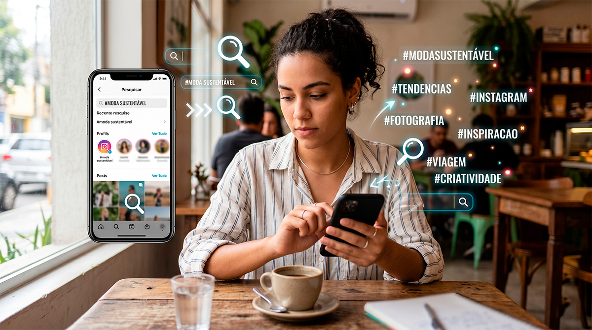Pessoa pesquisando no Instagram usando palavras chave para encontrar conteúdo relevante