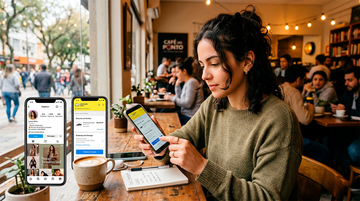 Pessoa comprando online através de redes sociais no celular