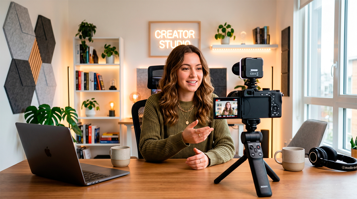 Pessoa gravando vídeo para YouTube em ambiente iluminado
