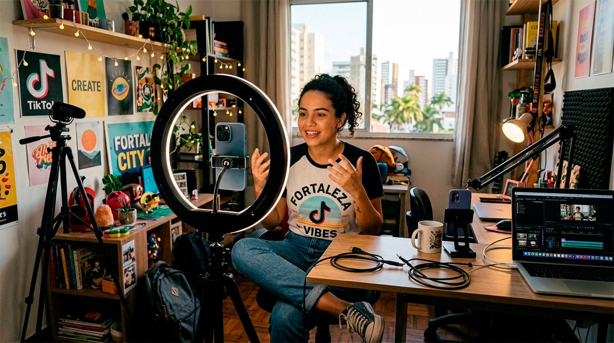 Criador de conteúdo gravando vídeo para TikTok com celular e ring light