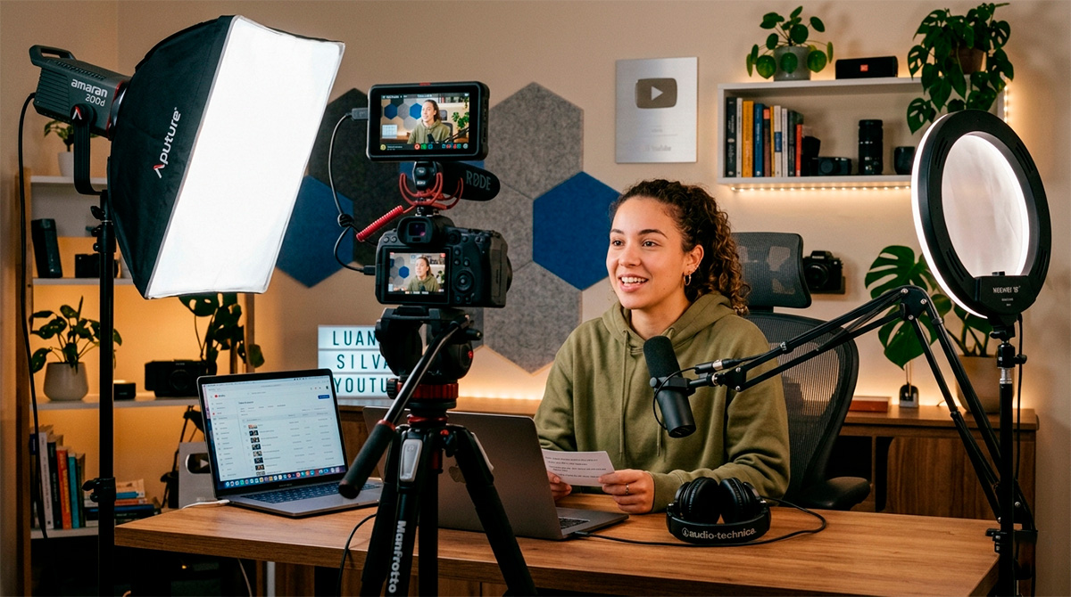 Criador de conteúdo gravando vídeo para ganhar dinheiro no YouTube