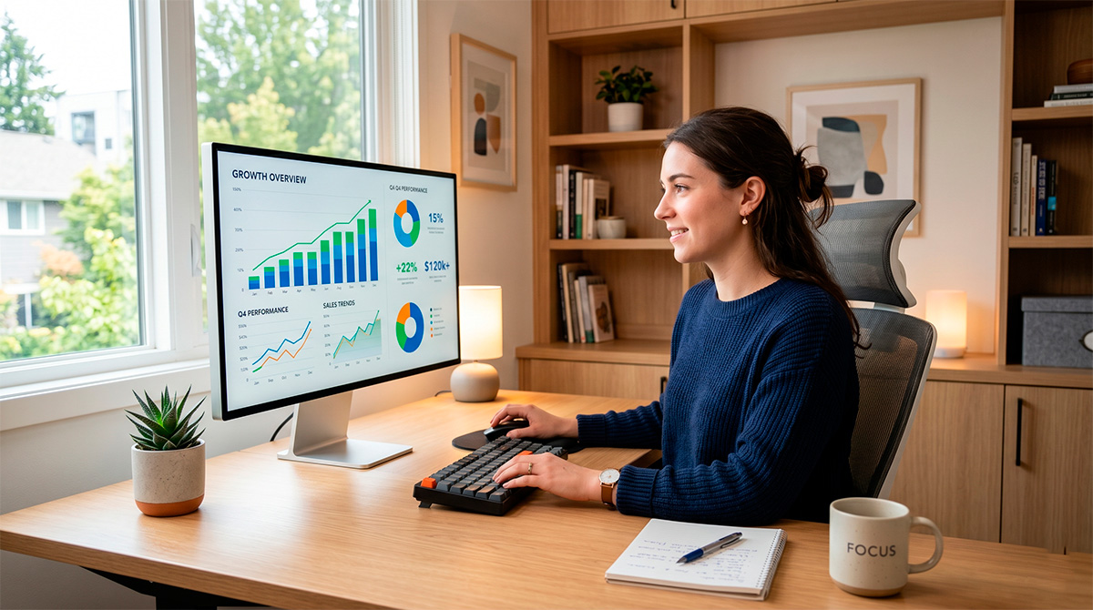 Pessoa trabalhando online analisando ganhos e estratégias digitais