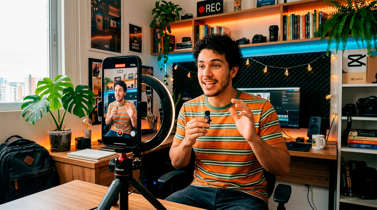 Criador de conteúdo gravando vídeo curto para redes sociais