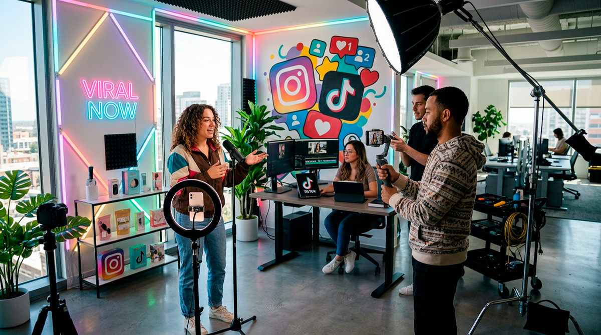 Criador de conteúdo gravando vídeos promocionais para redes sociais.