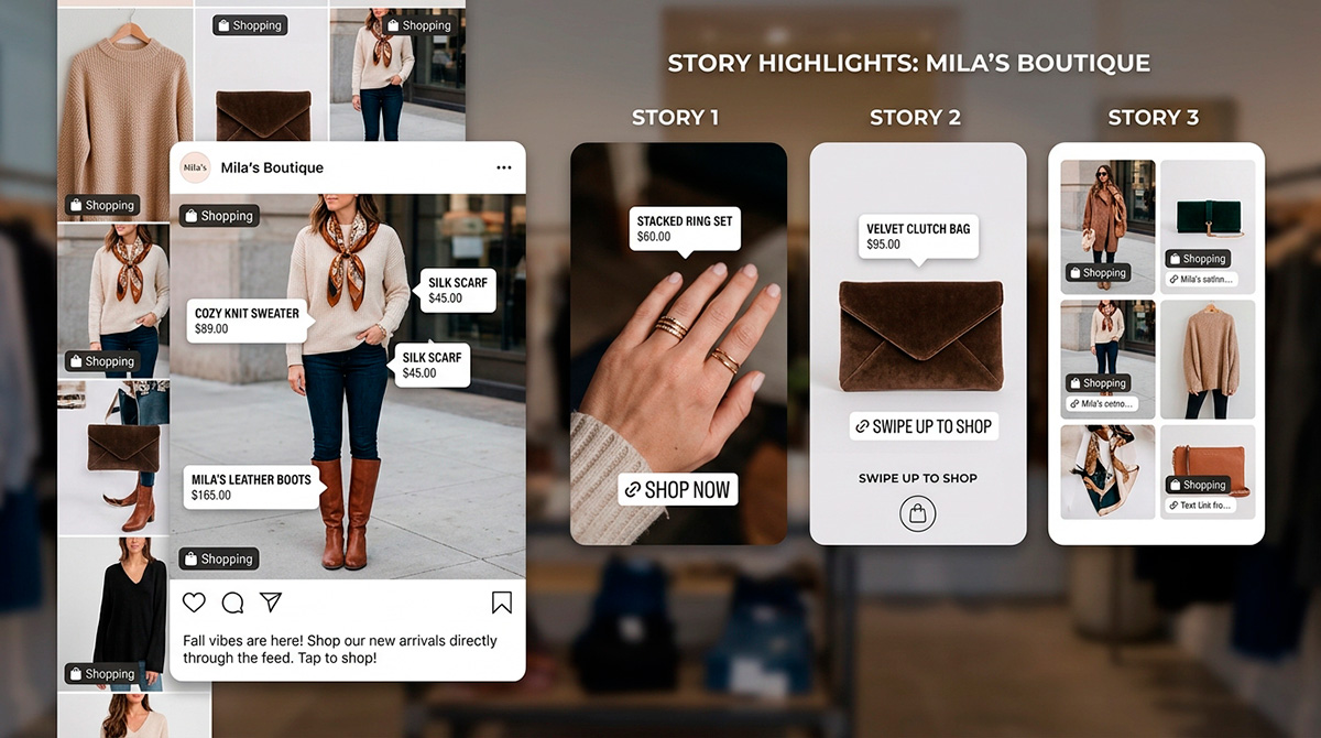 Tela do Instagram exibindo produtos à venda e recursos de compra.