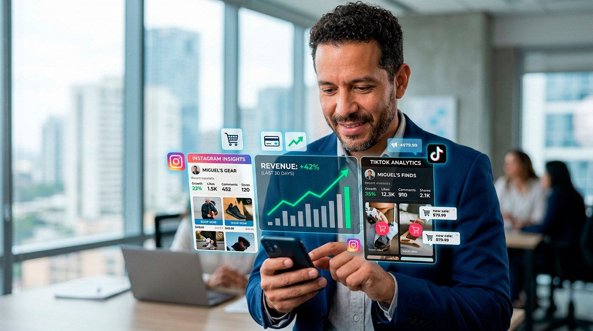 Empresário monitorando vendas através de estratégias de social commerce nas redes sociais.