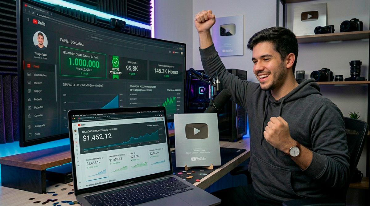 Criador comemorando 1 milhão de visualizações no YouTube.