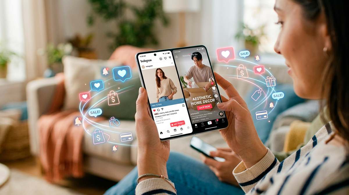 Pessoa comprando produtos pelo Instagram e TikTok utilizando smartphone.
