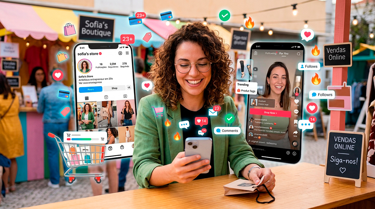 Mulher vendendo produtos diretamente pelo Instagram e TikTok através do social commerce.