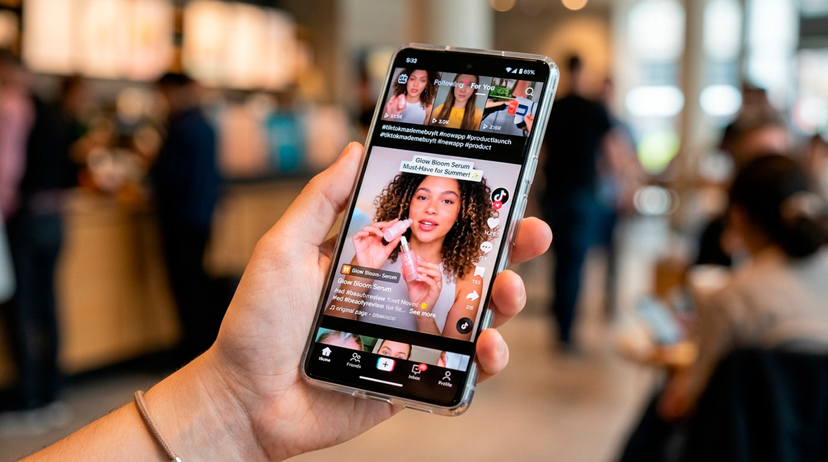 Vídeos promocionais de produtos sendo exibidos no TikTok.