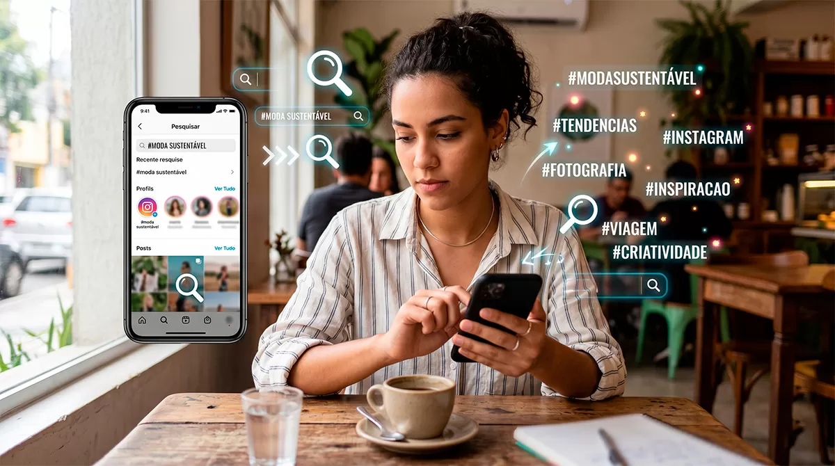 Pessoa pesquisando no Instagram usando palavras chave para encontrar conteúdo relevante