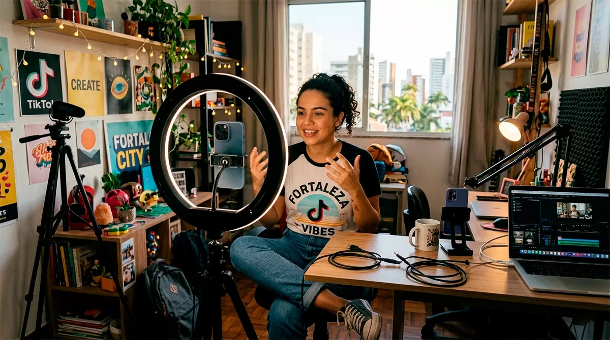Criador de conteúdo gravando vídeo para TikTok com celular e ring light