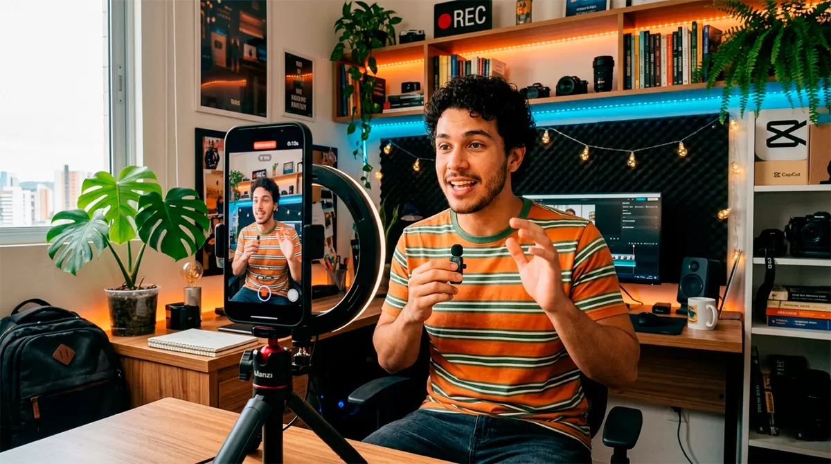 Criador de conteúdo gravando vídeo curto para redes sociais