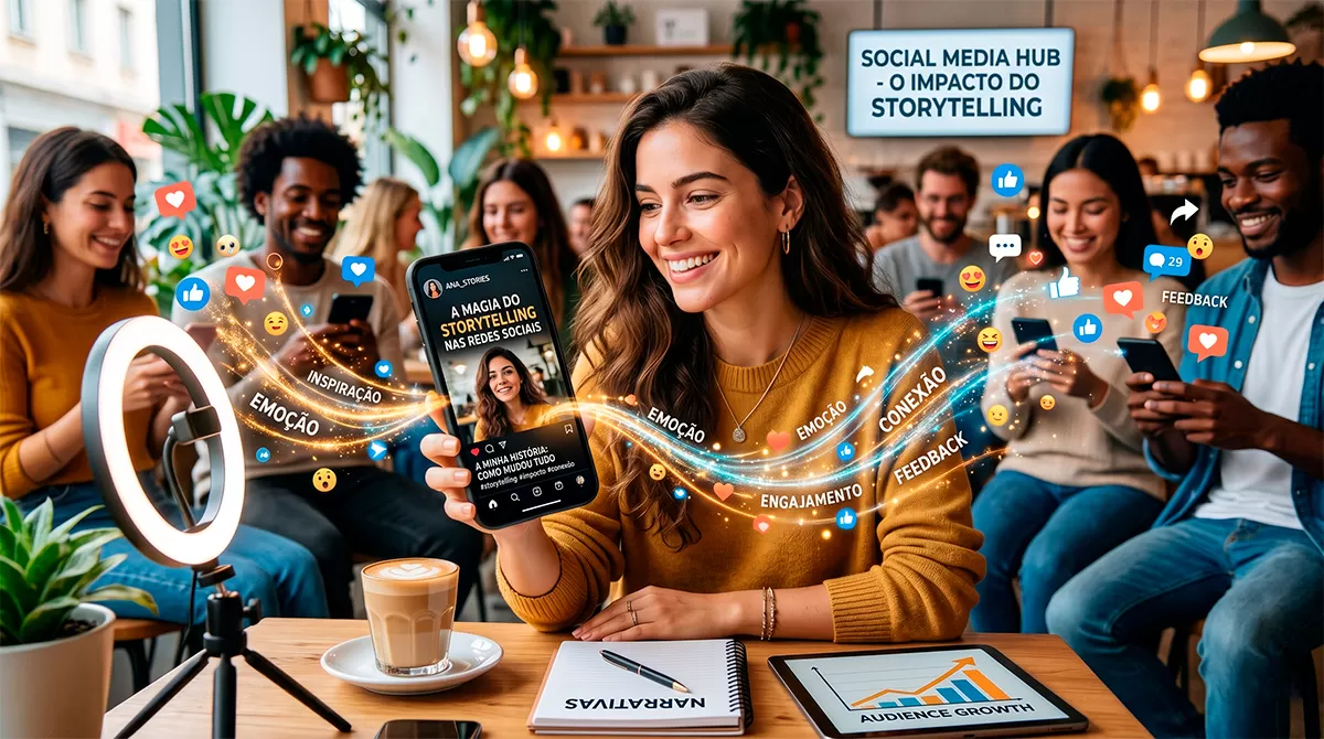 Pessoas interagindo em redes sociais através de storytelling