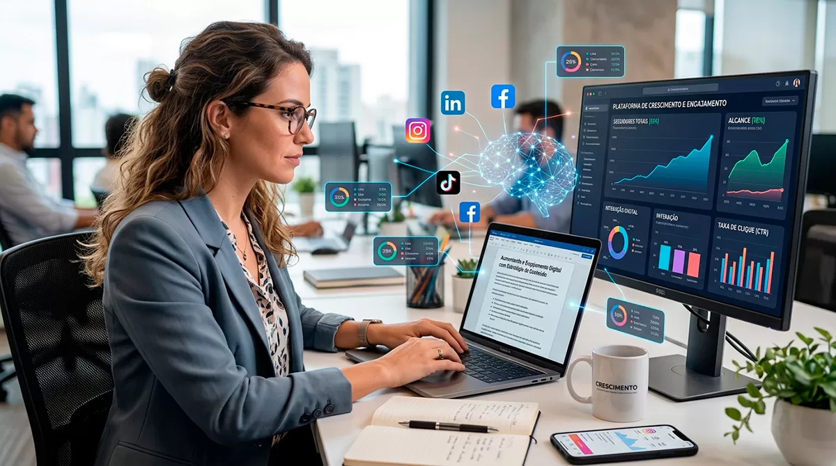 Profissional criando conteúdo educativo para fortalecer estratégias de marketing digital e vendas.