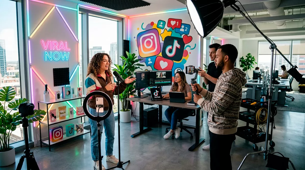 Criador de conteúdo gravando vídeos promocionais para redes sociais.