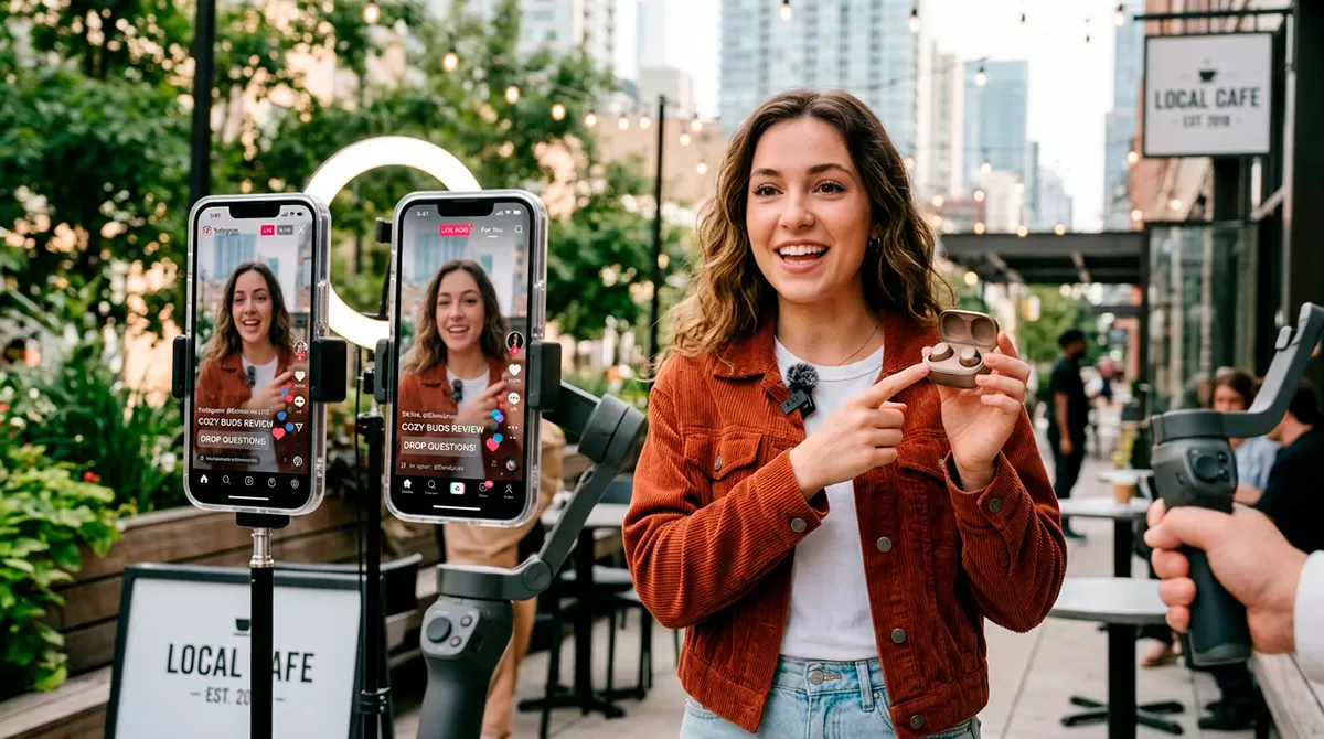 Influenciador promovendo produto em vídeo para Instagram e TikTok.
