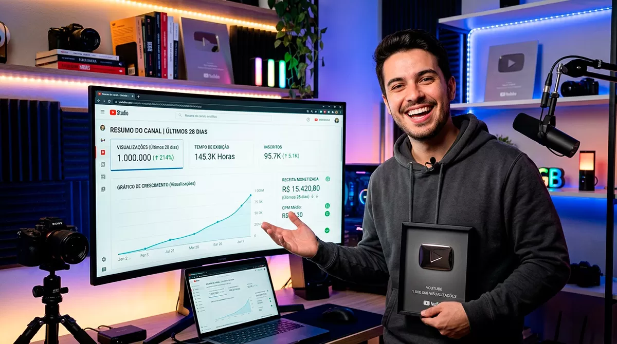 Criador de conteúdo mostrando ganhos obtidos com 1 milhão de visualizações no YouTube.